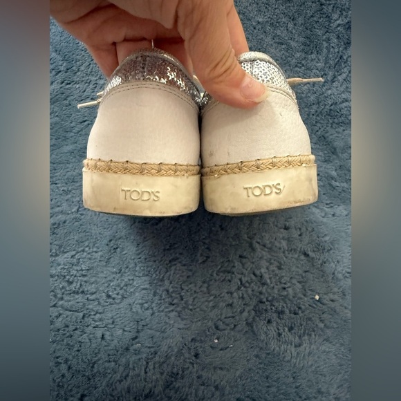 TOD'S Silver Sequin Espadrille Lace-Up Sneakers Sz 36.5/6 Quiet Luxury Designer - Picture 5 of 11
